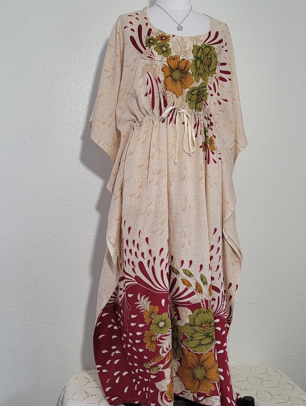 California Breeze Bohemian Floral Maxi Dress in Cream, Green & Mustard One Size